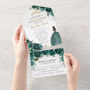 Schickes Smaragdgrün Florales Prinzessin Quinceañe All In One Einladung