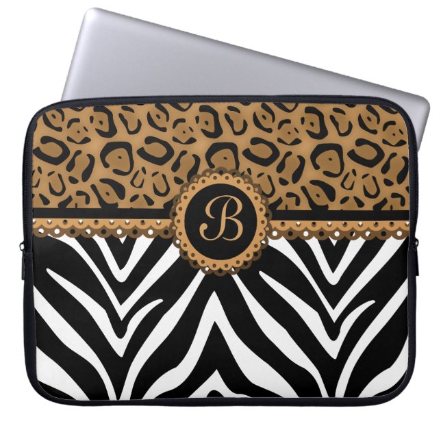 Schickes Zebra-Leopard-Spitze-Monogramm Laptopschutzhülle (Vorderseite)