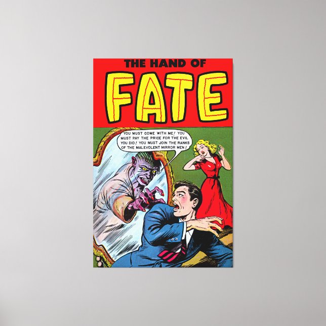Schicksalskreatur im Spiegel Vintager Comicen Leinwanddruck (Vorderseite)