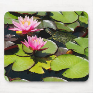 Schieber-Schildkröte-Wasserlilie-Blumen-Teich-wil Mousepad