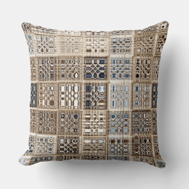 Schiefer-blaues Brown-Sari-Mosaik-Muster-Kunst Kissen (Vorderseite)