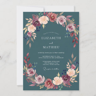 Schiefer-Burgunder-Blüten-Hochzeit Einladung