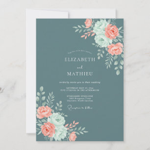 Schiefer-Türkis Moderne Botanische Hochzeit Einladung