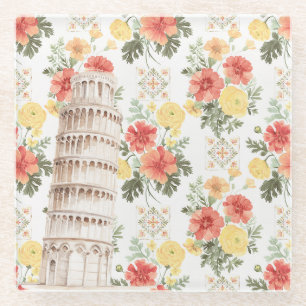 Schiefer Turm Gelbe Orangefarbene Blumen Glasuntersetzer