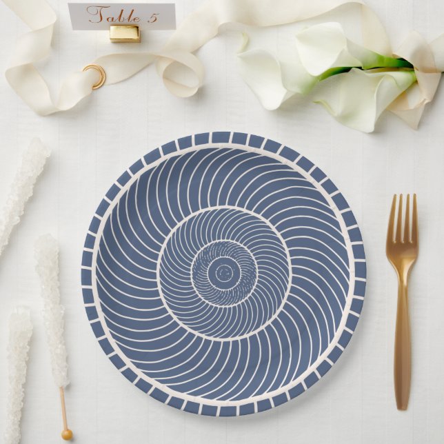 Schieferblau-Sahne-Schnecke Fibonacci Pappteller (Hochzeit)