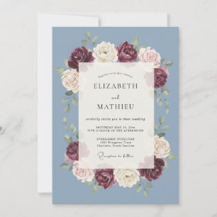 Schieferblaue Blütenumarmung Hochzeit Einladung