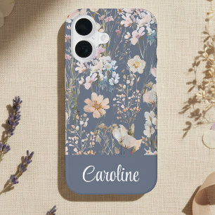 Schieferblaue Floral Personalisiert iPhone 16 Hülle