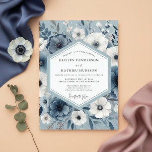 Schieferblaue Florale Kunst Hochzeit Einladung