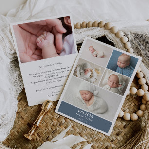 Schieferblaue Fotocollage-Baby-Ankündigungskarte Einladung
