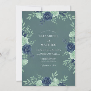 Schieferblaue Navy-Botanische Hochzeit Einladung