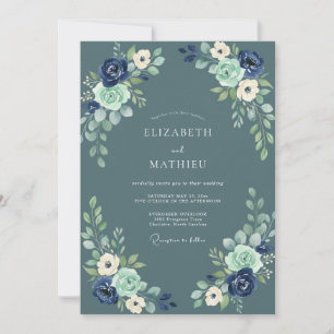 Schieferblaue Navy-Wasserfarben-Hochzeit Einladung