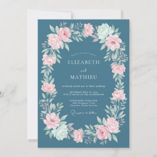 Schieferblaue rosa Blumenhochzeit Einladung