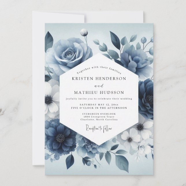 Schieferblaue Serene Bloom Hochzeit Einladung (Vorderseite)