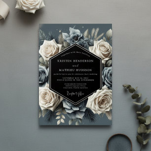 Schieferblauer Blütenprunk Hochzeit Einladung
