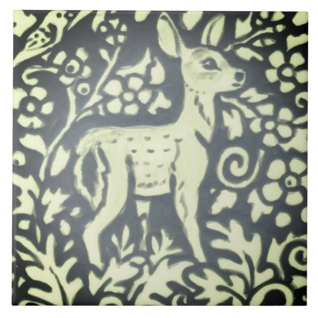 Schiefergraue Fawn Deer Floral Woodland Natur Fliese (Vorderseite)