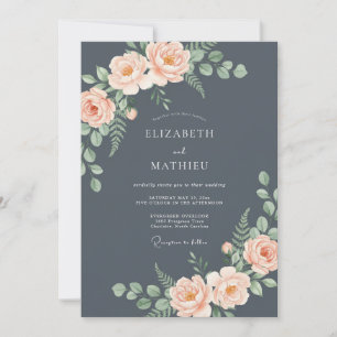 Schiefergraue Romantische Rosenhochzeit Einladung