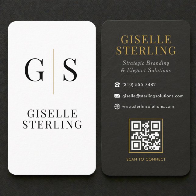 Schieferstein Schwarz Weiß Gold Monogramm QR-Code Visitenkarte (Von Creator hochgeladen)