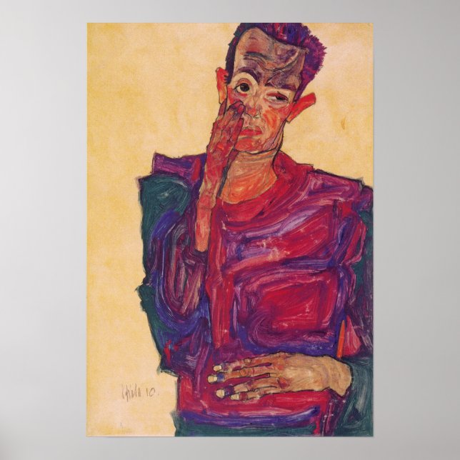 Schiele - Selbstportrait mit reduzierter Augenlidf Poster (Vorne)