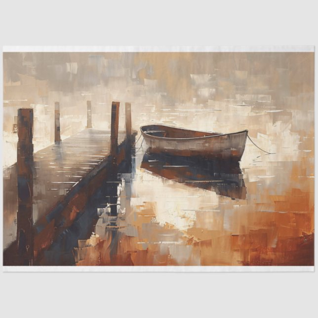Schiff an der Pier Earth Tone Malerei Decoupage Seidenpapier (Vorderseite)