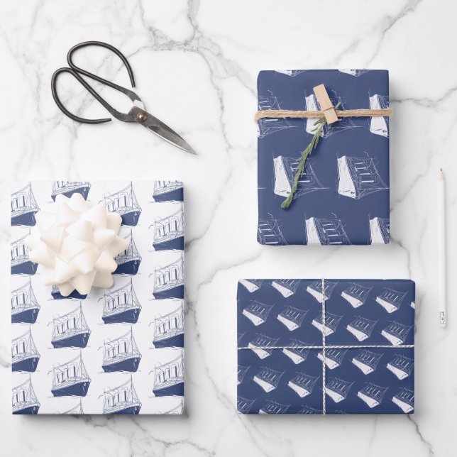 Schiff der Nautischen Marine Blau- und Weißschiff Geschenkpapier Set (Vorderseite)