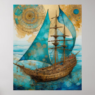 Schiff Farbtöne Von Blau Poster