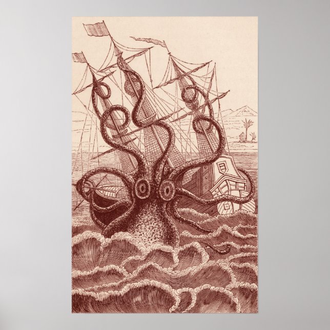 Schiff gegen Oktopus Poster (Vorne)
