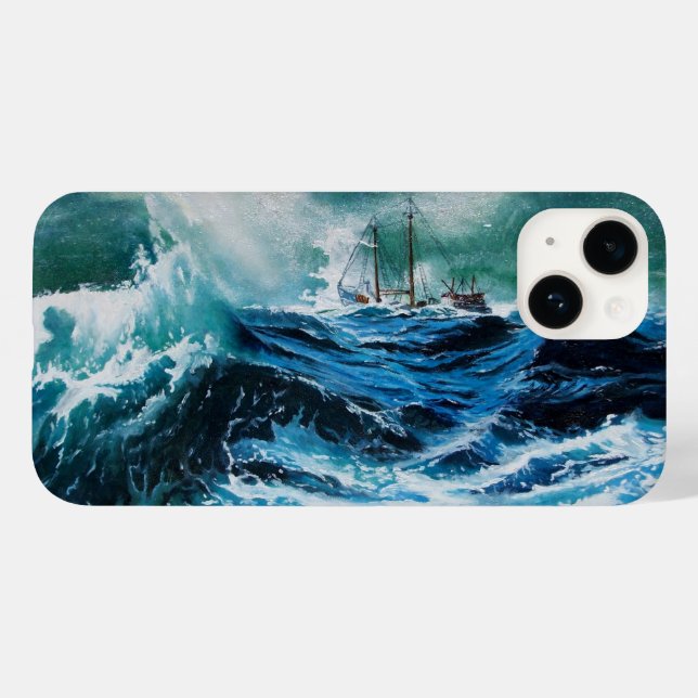 Schiff im Meer im Sturm / Navy Blue Case-Mate iPhone 14 Hülle (Rückseite (Horizontal))