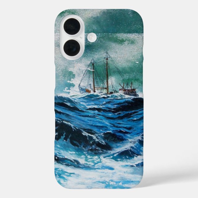 Schiff im Meer im Sturm / Navy Blue iPhone 16 Hülle (Rückseite)