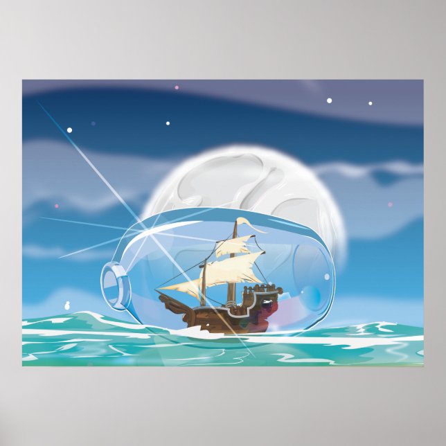 Schiff in einer Flasche auf dem Meer Poster (Vorne)