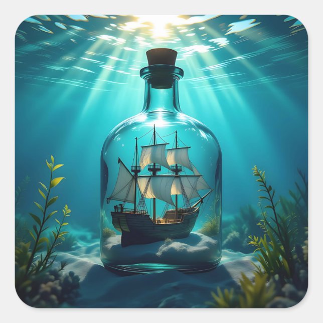 Schiff in einer Flasche im Meer Quadratischer Aufkleber (Vorderseite)