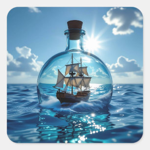 Schiff in einer Flasche im Meer Quadratischer Aufkleber