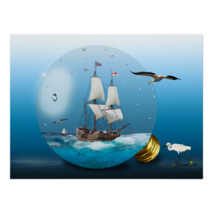 Schiff in einer Glühbirne Poster