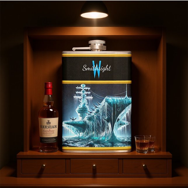 Schiff in Eiszeit inmitten eines nächtlichen Himme Flachmann (Von Creator hochgeladen)