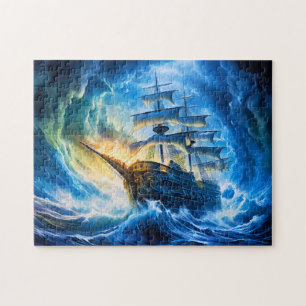 Schiff in leuchtend blauer Ozean-Fantasie-Malerei