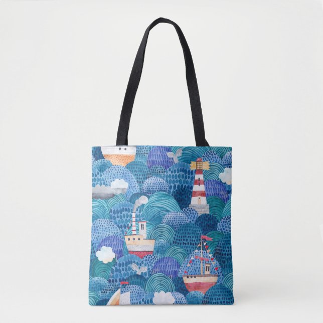 Schiff & Leuchtturm: Childish Watercolor Tasche (Vorderseite)