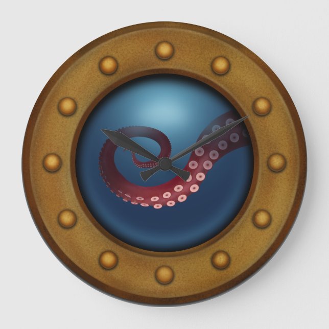 Schiff Porthole Tiefseetautopus Nautical Steampunk Große Wanduhr (Vorderseite)