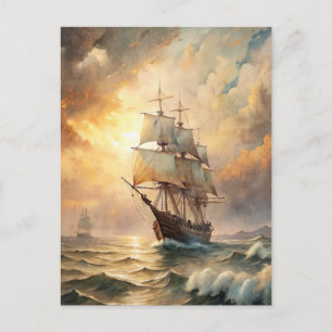 Schiff segelt auf Meereswellen bei Sonnenuntergang Postkarte