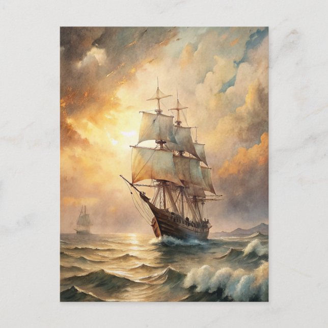 Schiff segelt auf Meereswellen bei Sonnenuntergang Postkarte (Vorderseite)