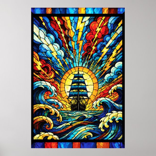 Schiff segelt durch einen Sturm Poster (Vorne)