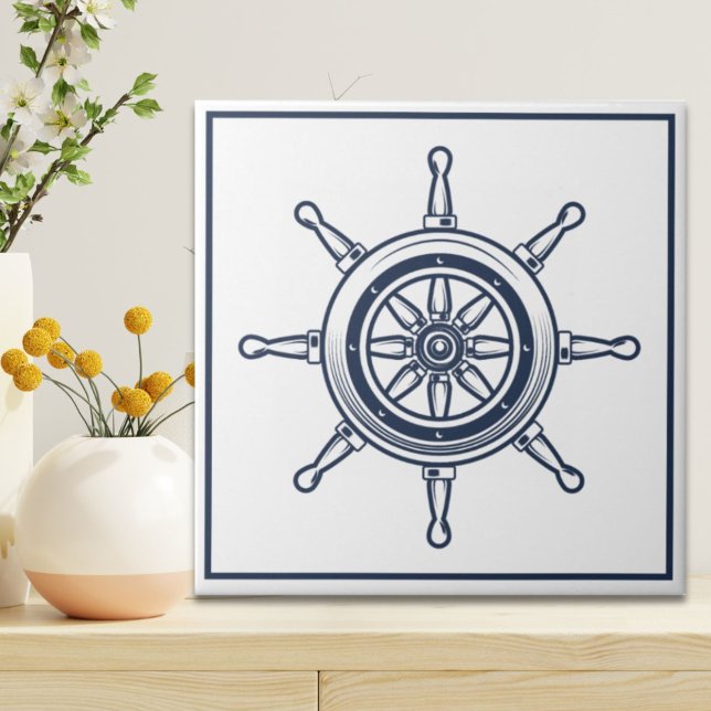 Schiff Ship Wheel an der Küste von Blue Beach Hous Fliese (Nautical Coastal Blue Beach House Boat Ship Wheel Ceramic Tile)