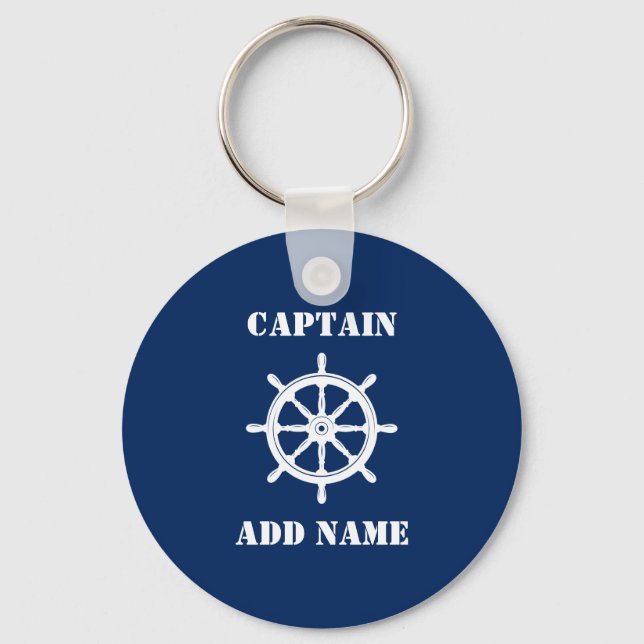 Schiff Wheel Helm Captain oder Bootsname Navy Blue Schlüsselanhänger (Vorderseite)