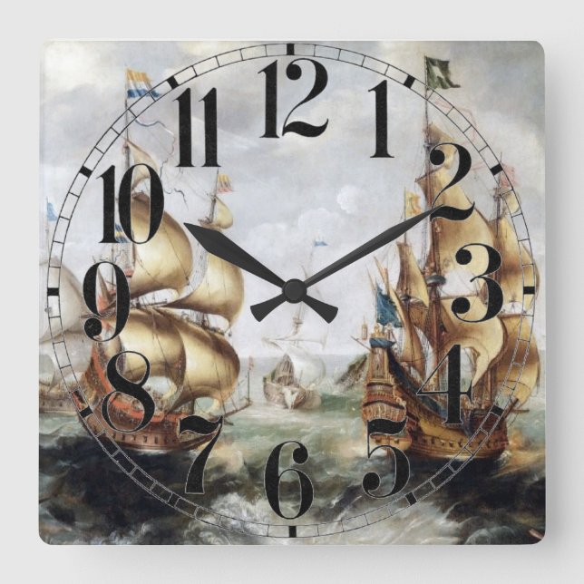 Schiffe auf See 1632 Quadratische Wanduhr (Vorderseite)