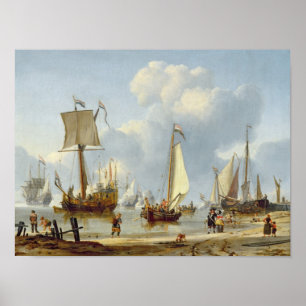 Schiffe in kaltem Wasser mit Figuren an der Küste Poster