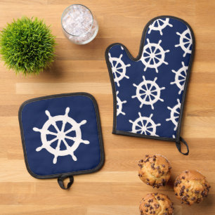 Schiffe Rollküche Küche Blau und Weiß Segler Ofenhandschuh & Topflappen-Set