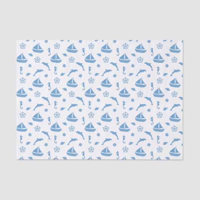Schiffe und Delphine blaues Muster Seidenpapier (Vorderseite)