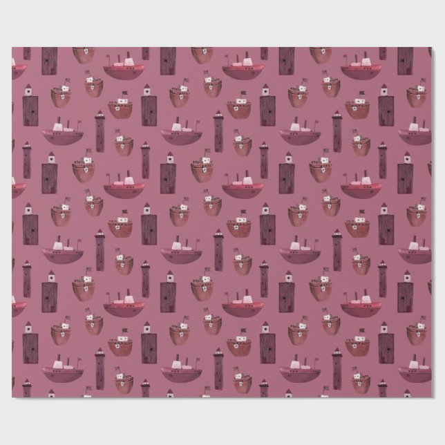 Schiffe und Leuchttürme aus Holz, Staubpflaume Geschenkpapier (Flach)