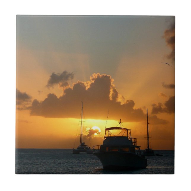 Schiffe und Sonnenuntergang tropische Seascape Fliese (Vorderseite)