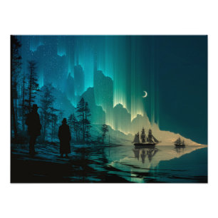 Schiffe unter dem Halbmond und Nordlichter Fotodruck