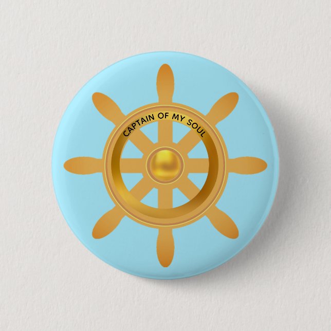 Schiffs Kapitän goldenes Schiffsruder auf hellblau Button (Vorderseite)