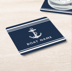 Schiffsanker-Name Navy Blau Nautisch Maßgeschneide Rechteckiger Pappuntersetzer